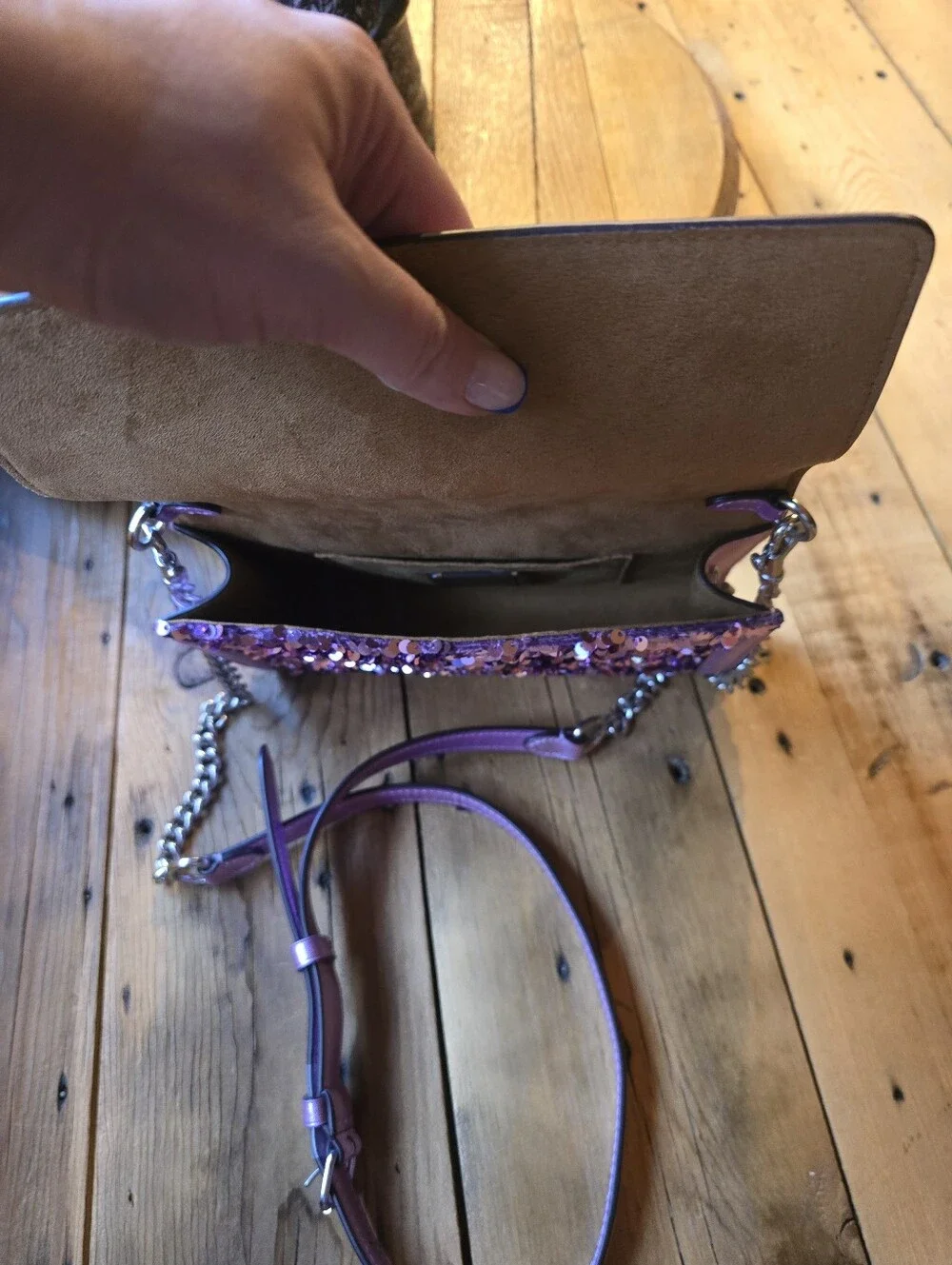 Coach Flap Clutch Crossbody Bag in Lilac Metallic Leather & Sequins